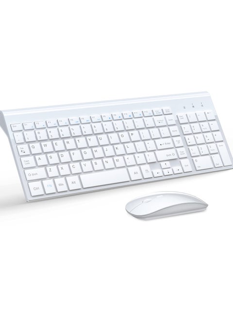 Wireless Keyboard and Mouse Ultra Slim Combo, 2.4G Silent Compact USB Mouse and Scissor Switch Keyboard Set with Cover, 2 AA and 2 AAA Batteries, for PC/Laptop/Windows/Mac - White