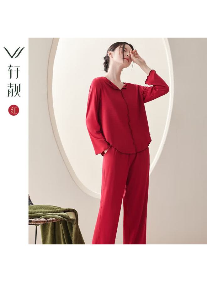 Xulen Modal Women's Long Sleeve Pajamas Spring Summer Thin Red Wedding Homewear 62987 Dark Red L - Image 1
