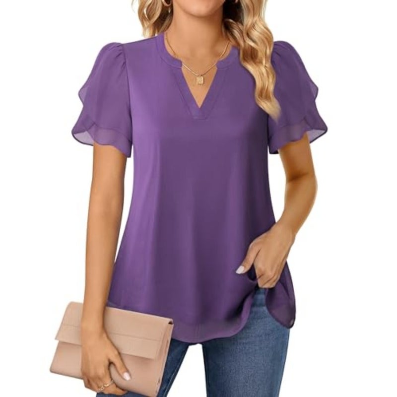 Lotusmile Elegant Chiffon Blouse for Women, Summer, Puff Blossoms, Short Sleeves, V-Neck, Casual Work Top - Image 3