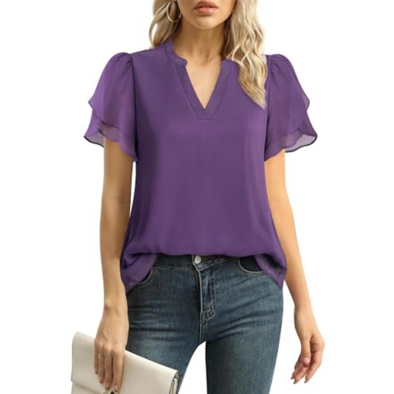 Lotusmile Elegant Chiffon Blouse for Women, Summer, Puff Blossoms, Short Sleeves, V-Neck, Casual Work Top - Image 1