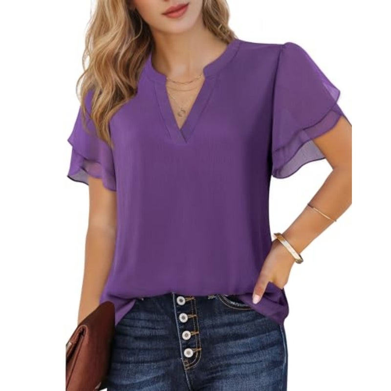 Lotusmile Elegant Chiffon Blouse for Women, Summer, Puff Blossoms, Short Sleeves, V-Neck, Casual Work Top - Image 2