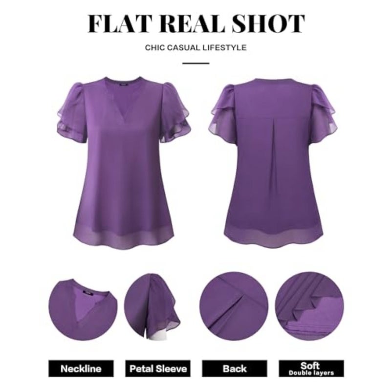 Lotusmile Elegant Chiffon Blouse for Women, Summer, Puff Blossoms, Short Sleeves, V-Neck, Casual Work Top - Image 5