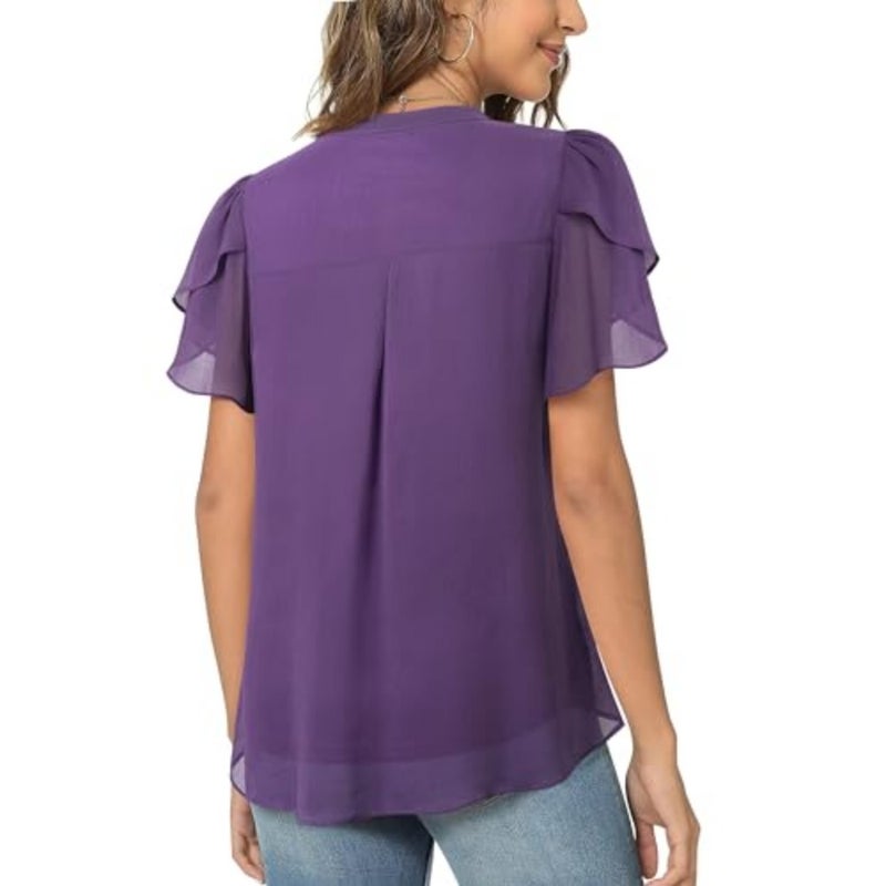 Lotusmile Elegant Chiffon Blouse for Women, Summer, Puff Blossoms, Short Sleeves, V-Neck, Casual Work Top - Image 4