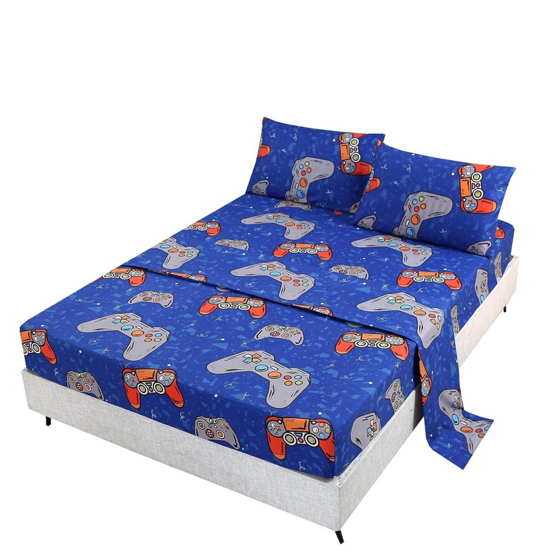 SDIII SDIII 4PCS Blue Gamer Sheets Set Full Bed in a Bag Gaming Bedding Sheet Full Wrinkle and Fade Resistant Cute Bedding Sheets for Kids Boys and Girls Full 
