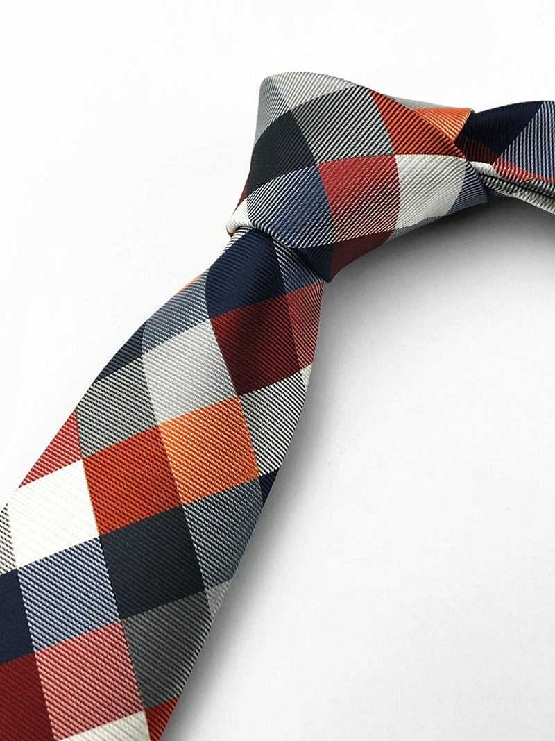 Secdtie Men's Classic Checks Dark Blue Grey Jacquard Woven Silk Tie Necktie (One Size, Orange Maroon Grey) - Image 2