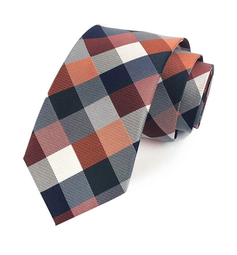 Secdtie Men's Classic Checks Dark Blue Grey Jacquard Woven Silk Tie Necktie (One Size, Orange Maroon Grey) - Image 5