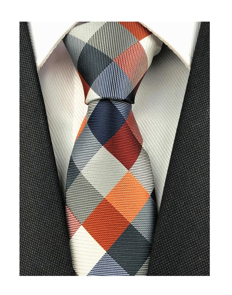 Secdtie Men's Classic Checks Dark Blue Grey Jacquard Woven Silk Tie Necktie (One Size, Orange Maroon Grey) - Image 4
