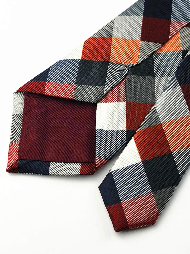 Secdtie Men's Classic Checks Dark Blue Grey Jacquard Woven Silk Tie Necktie (One Size, Orange Maroon Grey) - Image 3