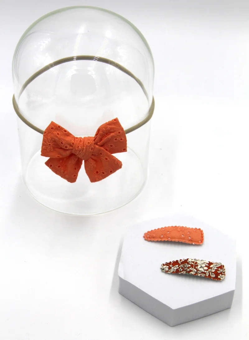 D'Daniela Jana Ribbon Bow Clip Set with Ponytail For Babies and Girls - Dark Peach