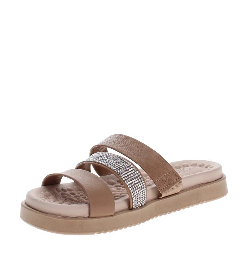 MODARE MODARE Flat Comfort Sandals for Ladies – TAN Comfort Sandals with Slip On | Comfortable PU Upper & TPR Sole