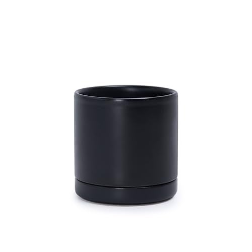 D'vine Dev 3.5 Inch Ceramic Planter Pot with Drainage Hole and Saucer, Indoor Cylinder Round Planter Pot, Black, 94-O-A-2 - Image 1