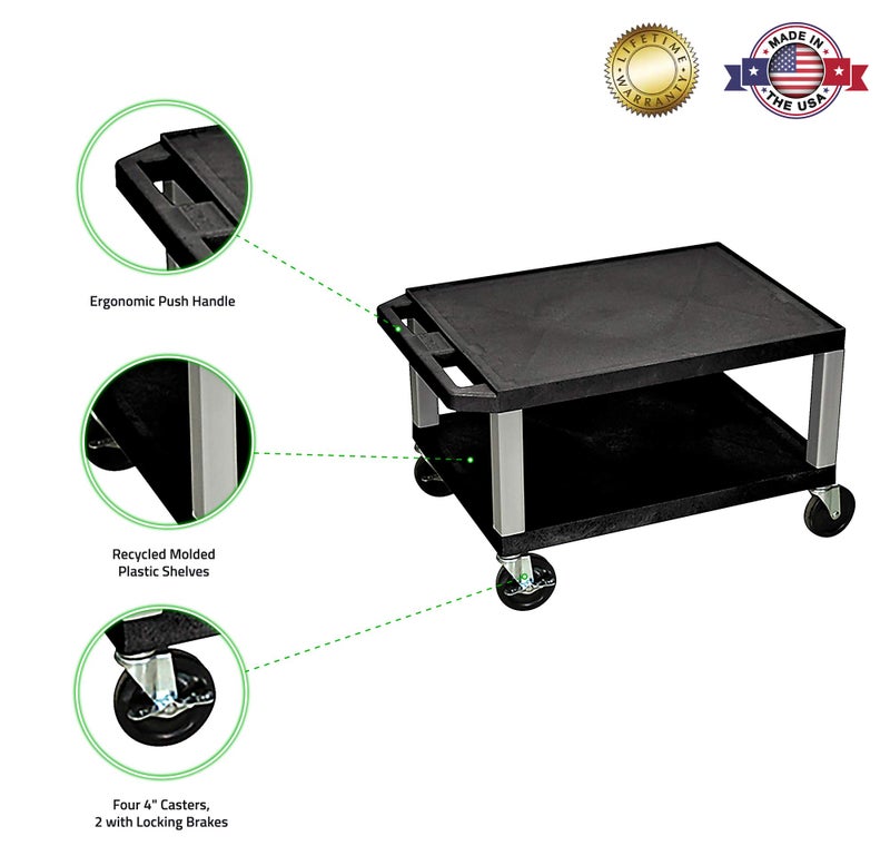 Luxor WT16-N 16"H AV Cart - Two Shelves - Nickel Legs, Multipurpose Storage for Video Projector, TV, Laptop, Computer, Printer Stand, 24"W x 18"D x 16"H - Image 3