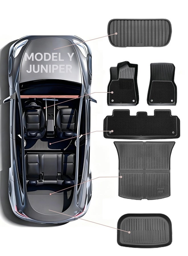 سوبر 5 طقم سجاد أرضية مزدوج الطبقات لسيارة تسلا موديل Y (إصدار Juniper لعامي 2025 و2026) – طقم كامل مخصص ومصنوع من مادة TPE المناسبة لجميع الظروف الجوية، يتميز بسطح قماشي مقاوم للتآكل وبطانات أرضية شديدة التحمل مانعة للانزلاق، مع حماية إضافية لصندوق الأمتعة. - Image 1