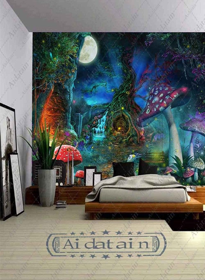 Aidatain Fantasy Mushroom Forest Tapestry for Teen Girl Magical Tree of Life House Full Moon Wall Hanging Fairy Tale World Tapestries Flannel Large Size 80" 60" Wall Decor Bedroom Living Room GTCCAT1 - Image 2