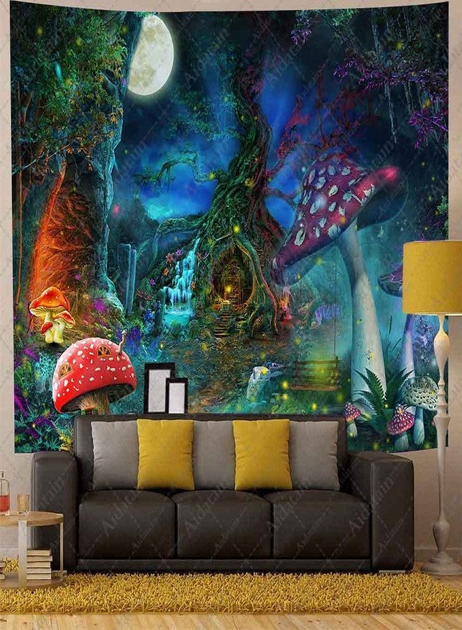 Aidatain Fantasy Mushroom Forest Tapestry for Teen Girl Magical Tree of Life House Full Moon Wall Hanging Fairy Tale World Tapestries Flannel Large Size 80" 60" Wall Decor Bedroom Living Room GTCCAT1 - Image 4