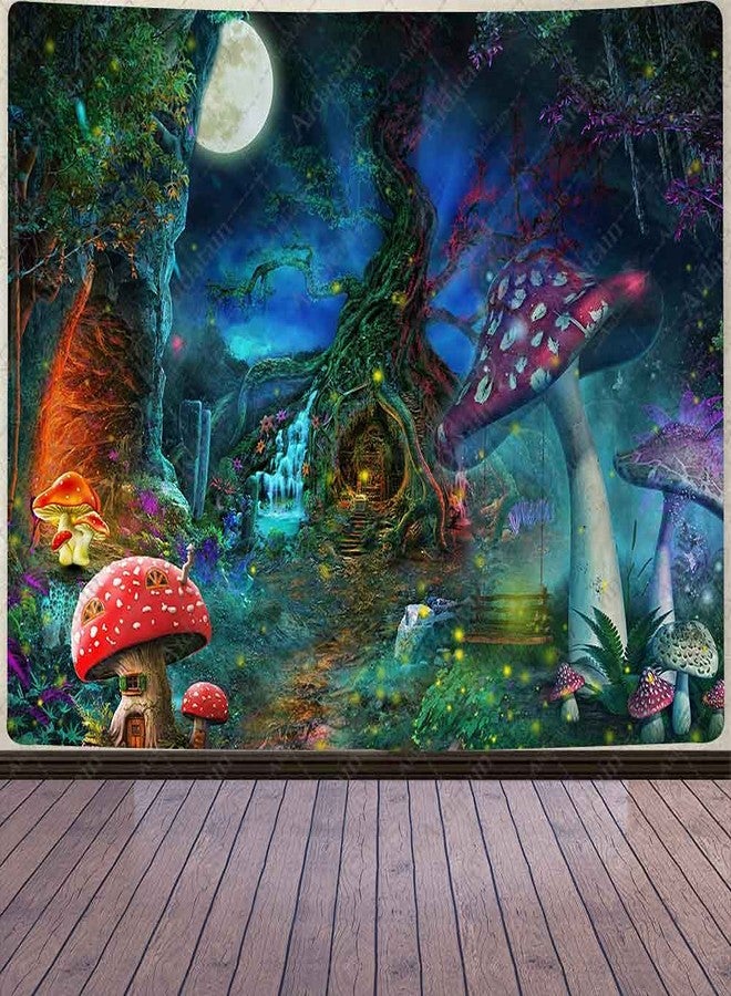 Aidatain Fantasy Mushroom Forest Tapestry for Teen Girl Magical Tree of Life House Full Moon Wall Hanging Fairy Tale World Tapestries Flannel Large Size 80" 60" Wall Decor Bedroom Living Room GTCCAT1 - Image 1