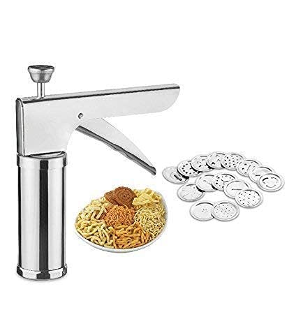 NIRANT Stainless Steel Kitchen Press with 15 Different Types of Jalies Murukku Maker Bhujiya Maker Noodles Cookies Namkeen Chakali Maker Sev Maker Farasan Maker Gathiya Maker - Image 1