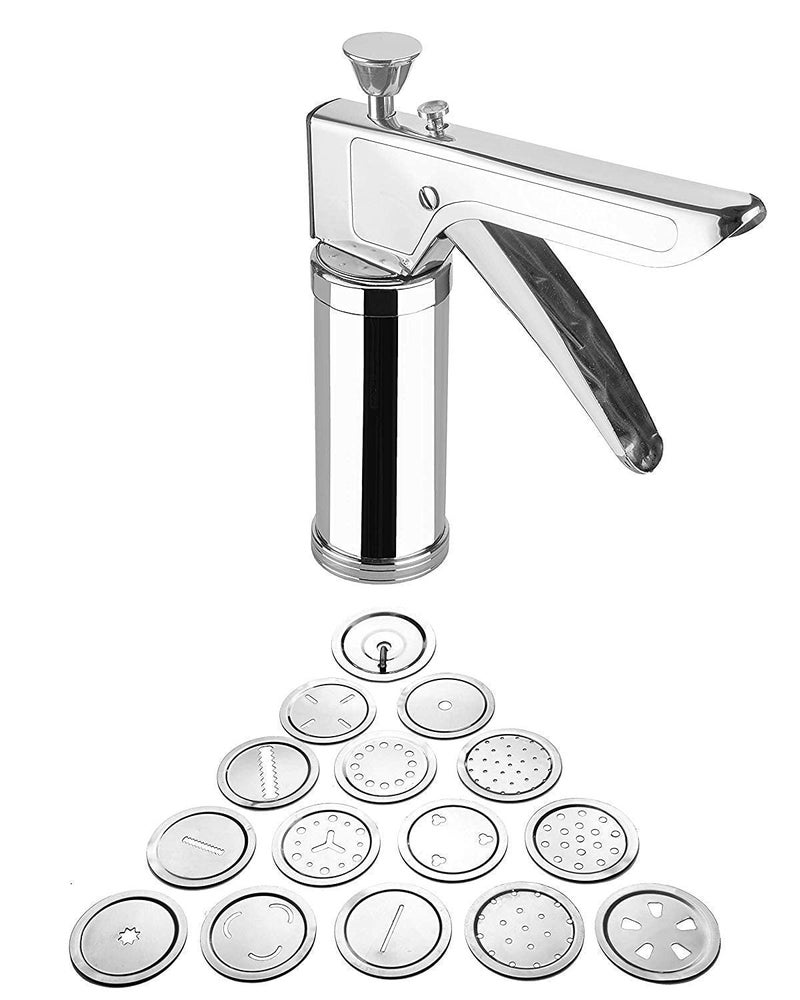 NIRANT Stainless Steel Kitchen Press with 15 Different Types of Jalies Murukku Maker Bhujiya Maker Noodles Cookies Namkeen Chakali Maker Sev Maker Farasan Maker Gathiya Maker - Image 4