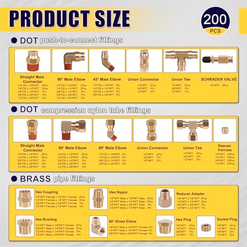 Ailbiuko 200 Pcs Brass DOT Air Brake Line Fittings Air Nylon Tube Compression Fittings Assortment Kits14 18 38 12 NPT Push To Connect Fittings Quick Connect Air Hose Fittings - Image 3