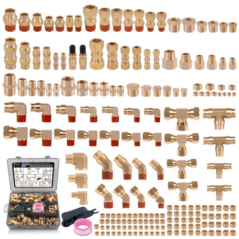 Ailbiuko 200 Pcs Brass DOT Air Brake Line Fittings Air Nylon Tube Compression Fittings Assortment Kits14 18 38 12 NPT Push To Connect Fittings Quick Connect Air Hose Fittings - Image 2