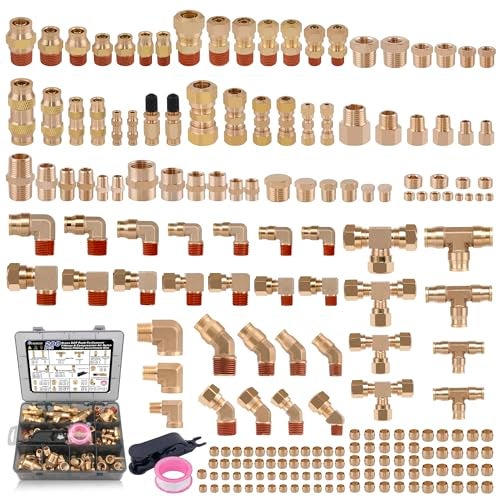 Ailbiuko 200 Pcs Brass DOT Air Brake Line Fittings Air Nylon Tube Compression Fittings Assortment Kits14 18 38 12 NPT Push To Connect Fittings Quick Connect Air Hose Fittings - Image 1
