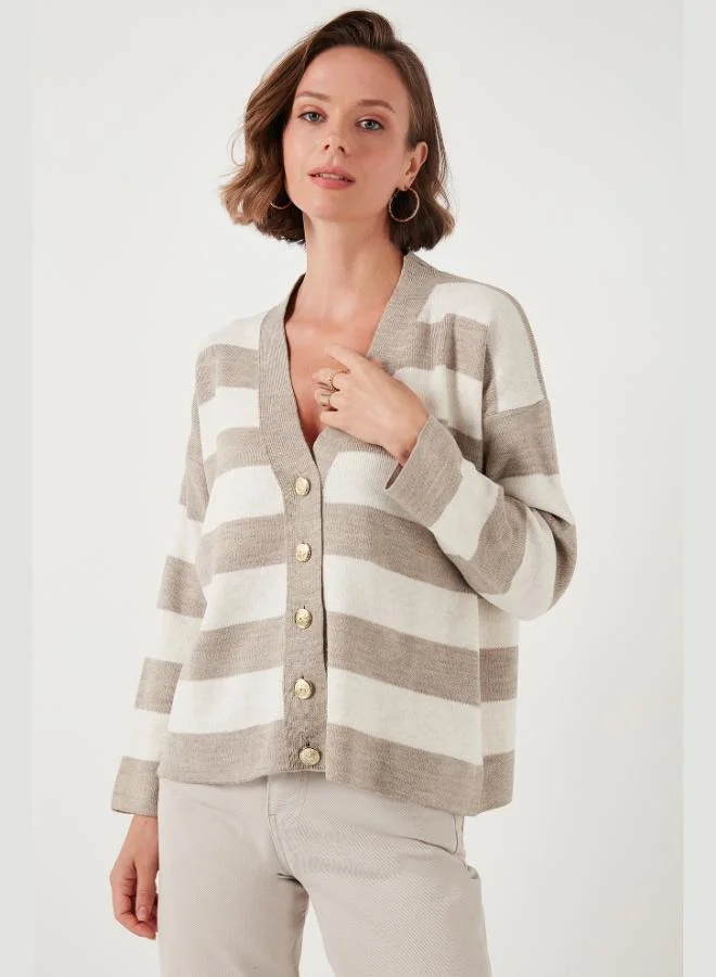 Lela Lela Regular Fit Striped V-Neck Buttoned Soft Acrylic Cardigan Women's CARDIGAN 4615188