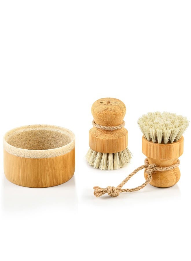 SUBEKYU Bubble Up Bamboo Dish Brush Set with Soap Holder, Wooden Dish Scrubber with Soap Dispenser, Natural Kitchen Scrub Brush, Washing Pot/Pans/Cast Iron, 2 Pack, Sisal Bristles  - Image 1
