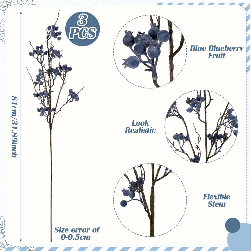 Giegxin 32 Inch Artificial Spring Blueberry Stems Faux Blueberry Picks 3 Pcs Fake Village Blue Berry Branch Floral Arrangement Decor Long Blue Berry Stem for Spring Summer Vase DIY Craft - Image 2