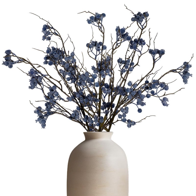 Giegxin 32 Inch Artificial Spring Blueberry Stems Faux Blueberry Picks 3 Pcs Fake Village Blue Berry Branch Floral Arrangement Decor Long Blue Berry Stem for Spring Summer Vase DIY Craft - Image 1