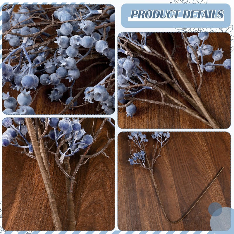 Giegxin 32 Inch Artificial Spring Blueberry Stems Faux Blueberry Picks 3 Pcs Fake Village Blue Berry Branch Floral Arrangement Decor Long Blue Berry Stem for Spring Summer Vase DIY Craft - Image 3