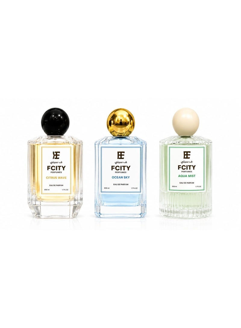 اف ستي لتجارة مجموعة هدايا FCITY الصيفية – 3 عطور 50 مل (سيتروس ويف، أوشن سكاي، أكوا ميست) + 5 عطور زيتية فاخرة (زافقان، موسوف، ماي واي، شوكو مسك، وخمرة) - Image 2