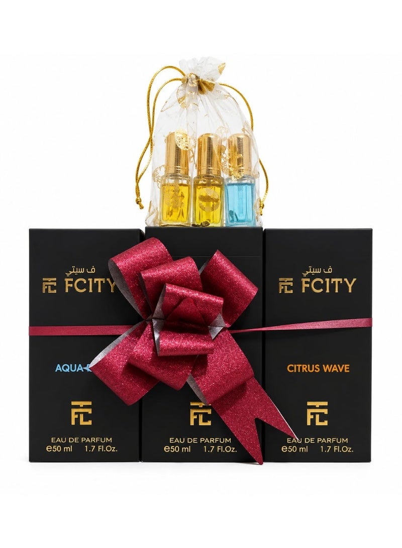 اف ستي لتجارة مجموعة هدايا FCITY الصيفية – 3 عطور 50 مل (سيتروس ويف، أوشن سكاي، أكوا ميست) + 5 عطور زيتية فاخرة (زافقان، موسوف، ماي واي، شوكو مسك، وخمرة) - Image 1