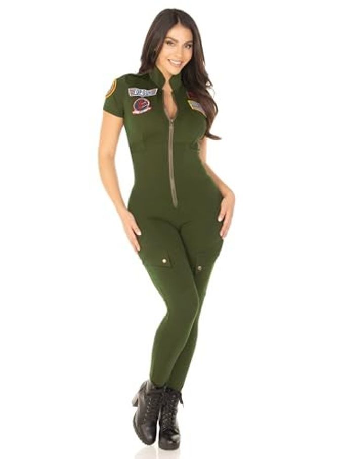 Leg Avenue Womens Licensed Top Gun Costume Women Flight Suit with Interchangeable Name Tag, MEDIUM, Khaki - Image 4