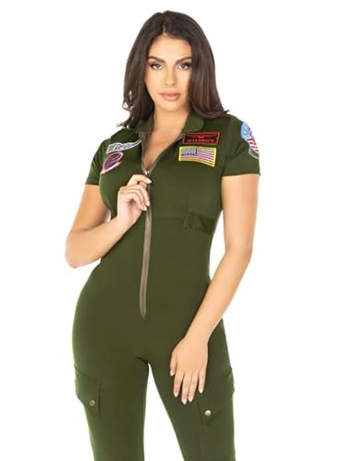Leg Avenue Womens Licensed Top Gun Costume Women Flight Suit with Interchangeable Name Tag, MEDIUM, Khaki - Image 2
