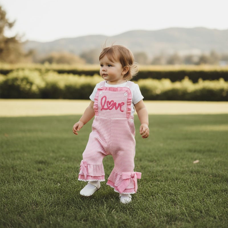 Mieeyali Girls Valentines Day Outfit Overalls Heart Romper Baby Girl Valentines Outfit Bell Bottoms Suspender Jumpsuit (Pink Love, 3-4 Years) - Image 2
