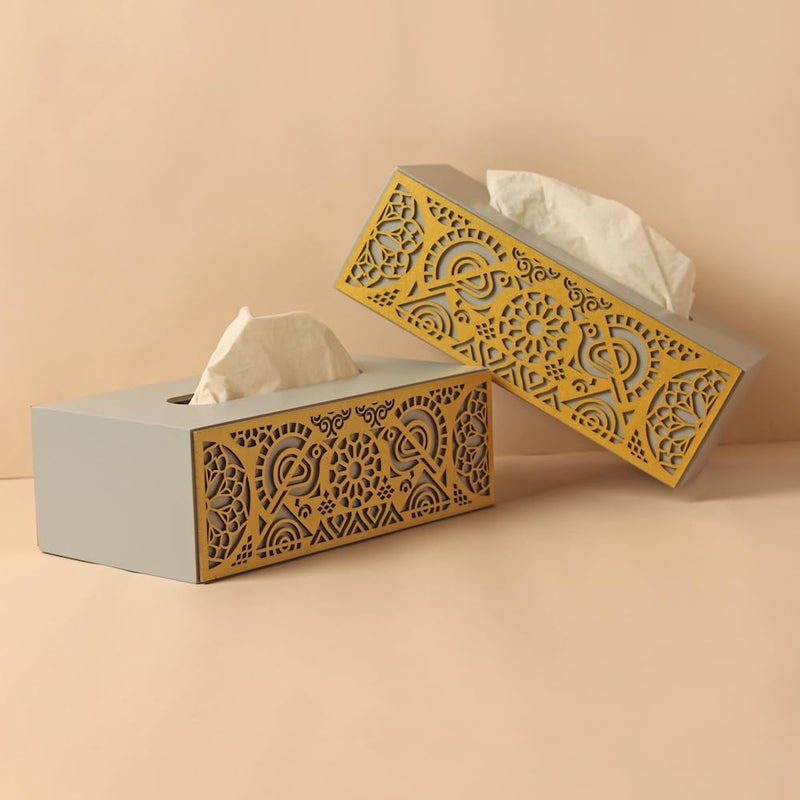 Bambaise Stylish Wooden Cutwork Tissue Box Holder | Tissue Paper Napkin Holder Box Case | Grey Gold.… (Grey Gold) - Image 2