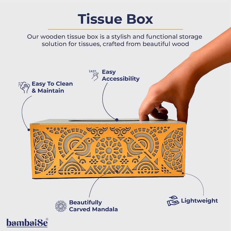 Bambaise Stylish Wooden Cutwork Tissue Box Holder | Tissue Paper Napkin Holder Box Case | Grey Gold.… (Grey Gold) - Image 3