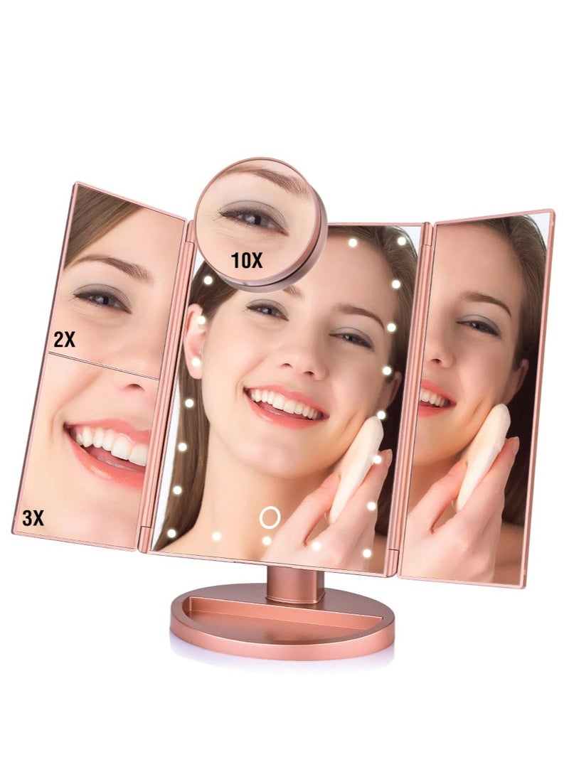 Lifenpure Lifenpure™ Trifold Magnified Makeup Mirror Touch Screen With Led Lights Rose Gold Color  - Image 1