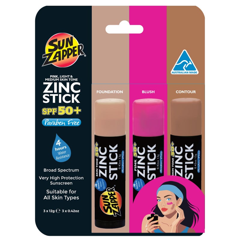 Sun Zapper Zinc Oxide Sunscreen Stick â€“ SPF 50+ Tinted 3-Pack (Light, Dark, Pink) â€“ Sunscreen Stick, SPF Makeup, Sunscreen Makeup, SPF Blush, Sunscreen Blush â€“ Water Resistant, Made in Australia - Image 1
