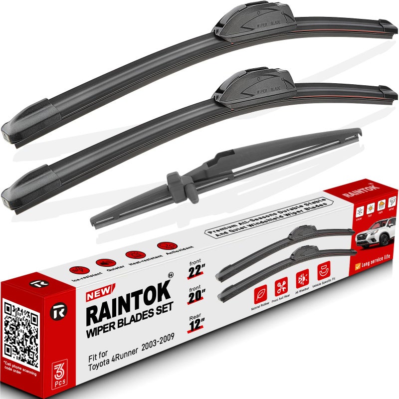 RAINTOK Windshield Wiper Blades Replacement for Toyota 4Runner 2003 2004 2005 2006 2007 2008 2009 Original Factory Quality Front Rear Wipers Blade Set for My Car 22 20 12 Pack of 3