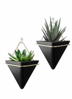 KASTWAVE Small Ceramic Wall Planter, 2 Pack Black Mini Flower Pots Vase, Hanging Planter Home Wall Decor for Succulent, Faux Plants, Cactus, Air Plant  - Image 1