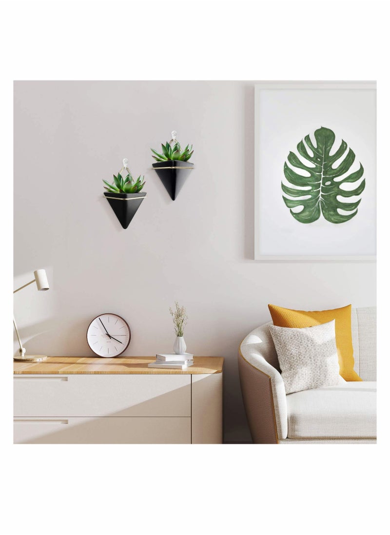 KASTWAVE Small Ceramic Wall Planter, 2 Pack Black Mini Flower Pots Vase, Hanging Planter Home Wall Decor for Succulent, Faux Plants, Cactus, Air Plant  - Image 2