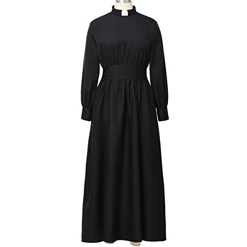 CAMDOM Church Clergy Dress for Women Long Sleeve A Line Elegant Maxi Dress with Tab Insert Stand Collar and Belt Black - Image 4