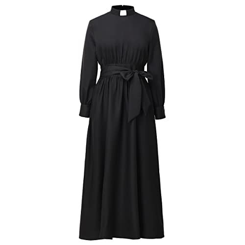 CAMDOM Church Clergy Dress for Women Long Sleeve A Line Elegant Maxi Dress with Tab Insert Stand Collar and Belt Black - Image 1