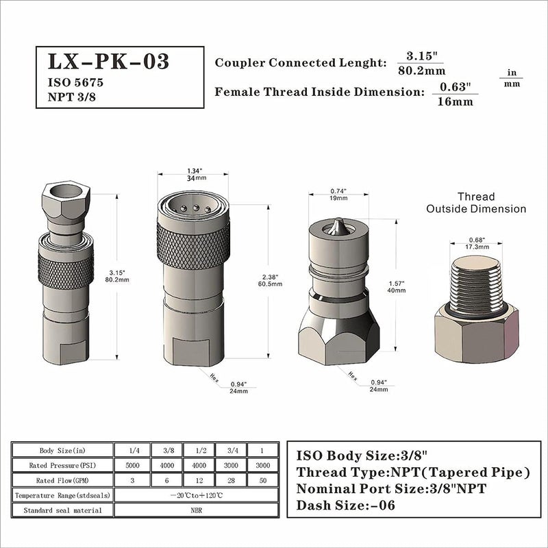 Undercarriage 2-Sets 3/8'' Ag NPT ISO5675 Carbon Steel Hydraulic Quick Connect Coupling/Coupler Poppet Valve with Dust Cap - Image 2