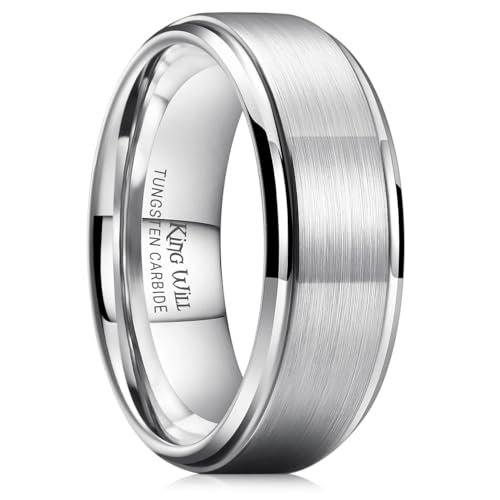 King Will Men's Silver Tungsten Carbide Ring 8mm Polished Step Edge Matte Brushed Finish Center Wedding Band(9) - Image 1
