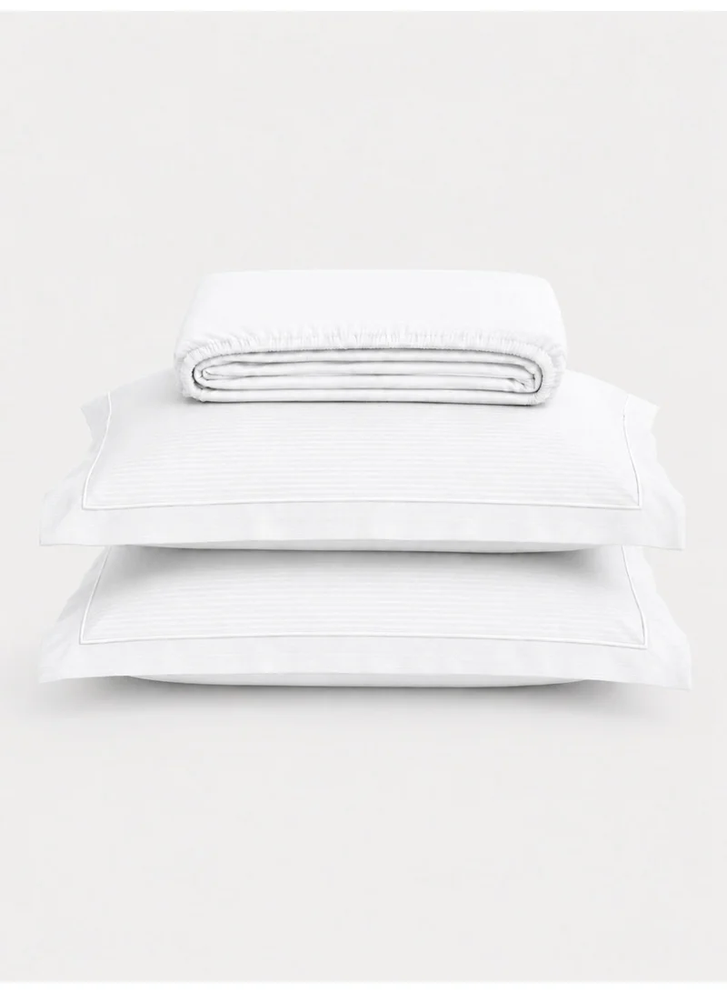 MULBERRY LIVING 100% Cotton 3 pc set -Linear Luxe- 1 fitted bedsheet 180x200x30cms / 2 pillowcovers 50x75 cms - White