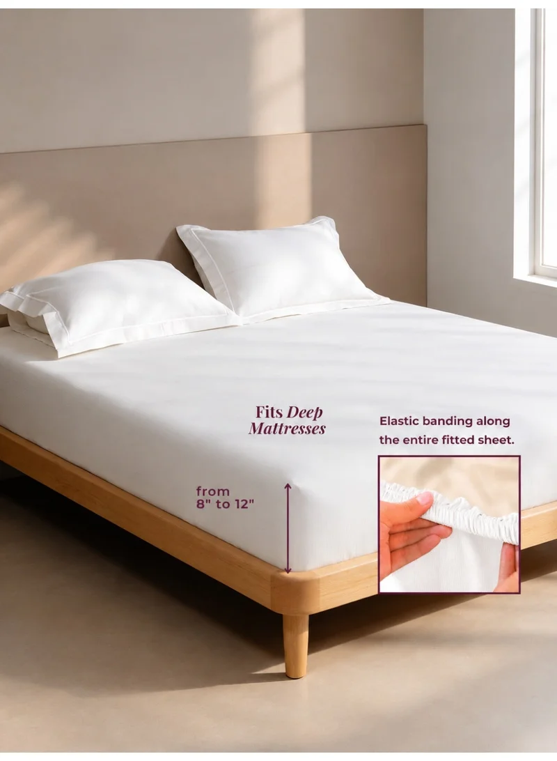 MULBERRY LIVING 100% Cotton 3 pc set -Linear Luxe- 1 fitted bedsheet 180x200x30cms / 2 pillowcovers 50x75 cms - White