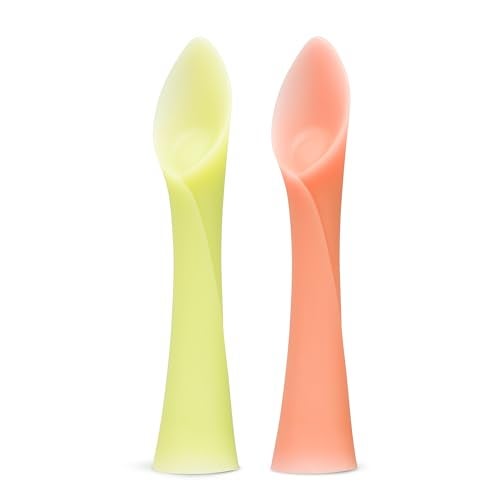 Olababy 100% Silicone Soft-Tip Training Spoon for Baby Led Weaning 2pack (Lemon/Coral) - Image 1