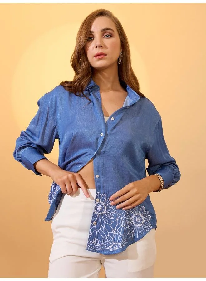 globus Globus Women Navy Blue Floral Embroidered Collared Neck Cuffed Sleeves Resort Shirt